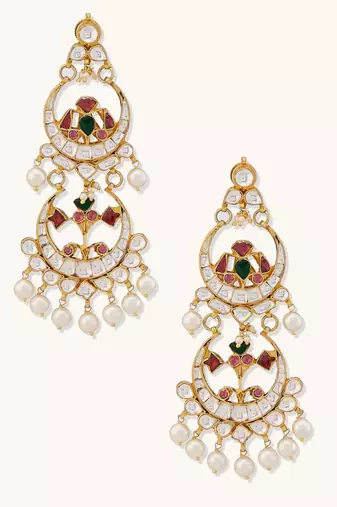 gold plated kundan studded & pearl beaded layered chandbalis