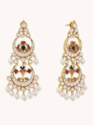 gold plated kundan studded & pearl beaded layered chandbalis 5
