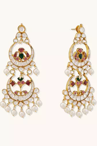 gold plated kundan studded & pearl beaded layered chandbalis