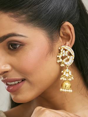 gold plated elegant kundan stone studded & pearl drops mini jhumki dangler earrings 1
