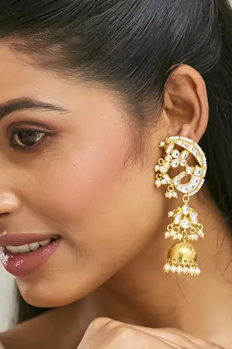 gold plated elegant kundan stone studded & pearl drops mini jhumki dangler earrings