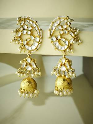 gold plated elegant kundan stone studded & pearl drops mini jhumki dangler earrings 3
