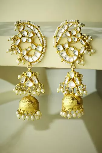 gold plated elegant kundan stone studded & pearl drops mini jhumki dangler earrings