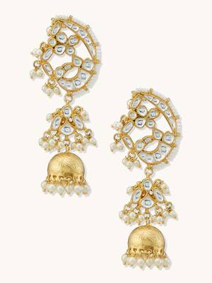 gold plated elegant kundan stone studded & pearl drops mini jhumki dangler earrings 4