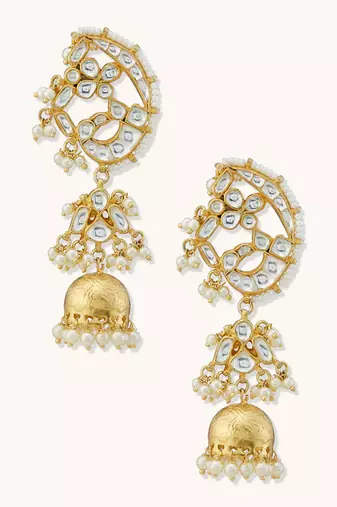 gold plated elegant kundan stone studded & pearl drops mini jhumki dangler earrings