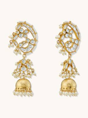 gold plated elegant kundan stone studded & pearl drops mini jhumki dangler earrings 5