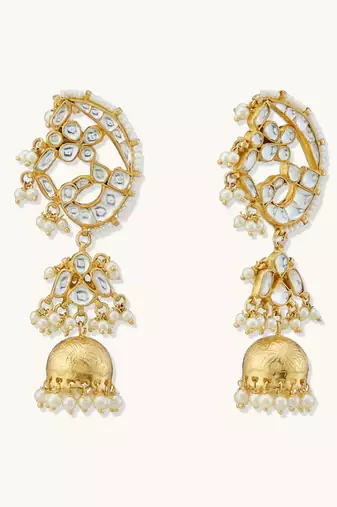 gold plated elegant kundan stone studded & pearl drops mini jhumki dangler earrings