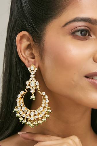 gold plated elegant kundan studded & beaded floral chandbali earrings