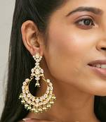 gold plated elegant kundan studded & beaded floral chandbali earrings