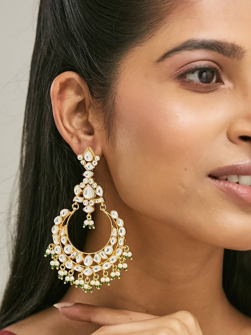 gold plated elegant kundan studded & beaded floral chandbali earrings
