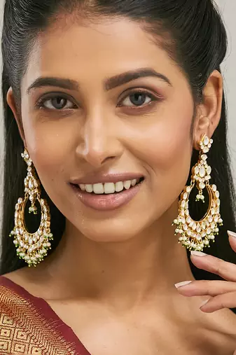 gold plated elegant kundan studded & beaded floral chandbali earrings