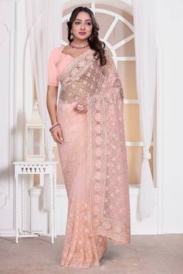 Diamond embroidered resham zari and zarkan work net classic saree in peach for ceremonial 1