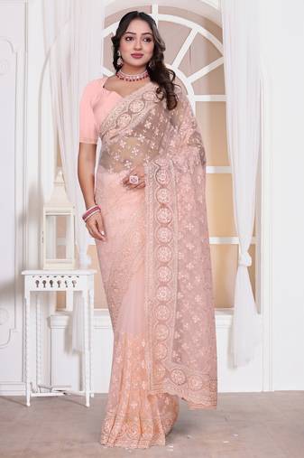 Diamond embroidered resham zari and zarkan work net classic saree in peach for ceremonial