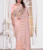 Diamond embroidered resham zari and zarkan work net classic saree in peach for ceremonial