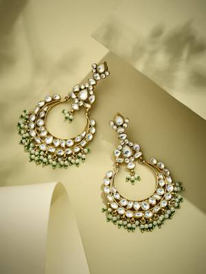 gold plated elegant kundan studded & beaded floral chandbali earrings 3