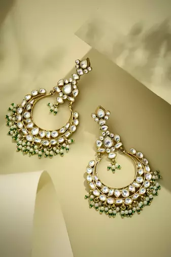 gold plated elegant kundan studded & beaded floral chandbali earrings