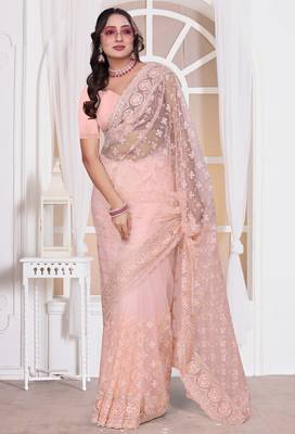 Diamond embroidered resham zari and zarkan work net classic saree in peach for ceremonial 2
