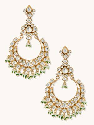 gold plated elegant kundan studded & beaded floral chandbali earrings 4