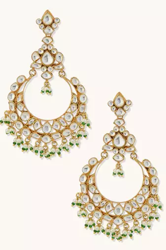 gold plated elegant kundan studded & beaded floral chandbali earrings