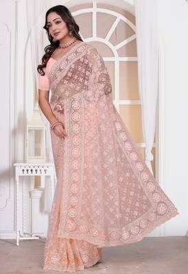 Diamond embroidered resham zari and zarkan work net classic saree in peach for ceremonial 3