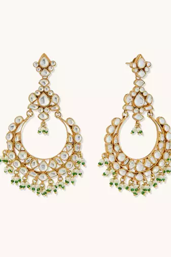gold plated elegant kundan studded & beaded floral chandbali earrings