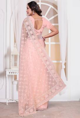 Diamond embroidered resham zari and zarkan work net classic saree in peach for ceremonial 4