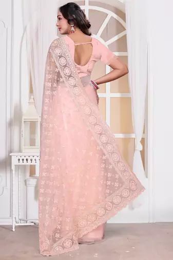 Diamond embroidered resham zari and zarkan work net classic saree in peach for ceremonial