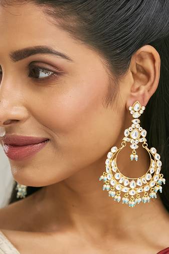gold plated kundan stone studded & pearl beaded chandbalis
