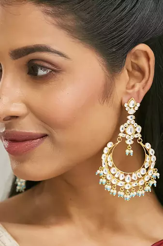 gold plated kundan stone studded & pearl beaded chandbalis