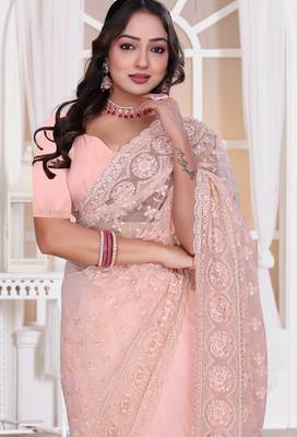 Diamond embroidered resham zari and zarkan work net classic saree in peach for ceremonial 5