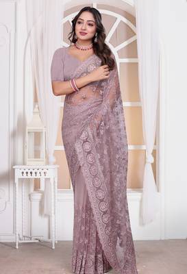 Diamond embroidered resham zari and zarkan work net classic saree in lavender for ceremonial 1