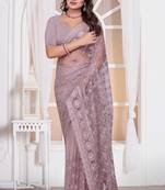 Diamond embroidered resham zari and zarkan work net classic saree in lavender for ceremonial