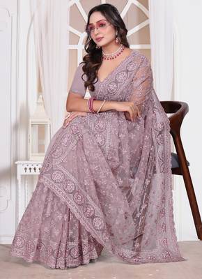 Diamond embroidered resham zari and zarkan work net classic saree in lavender for ceremonial 2