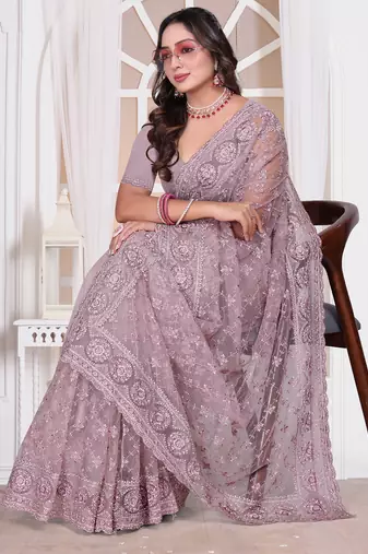 Diamond embroidered resham zari and zarkan work net classic saree in lavender for ceremonial