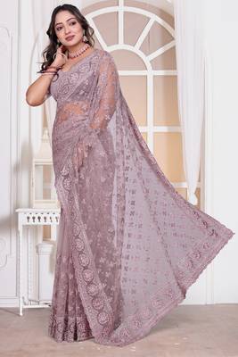 Diamond embroidered resham zari and zarkan work net classic saree in lavender for ceremonial 3
