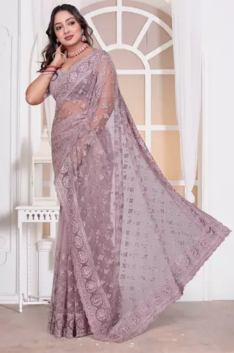 Diamond embroidered resham zari and zarkan work net classic saree in lavender for ceremonial