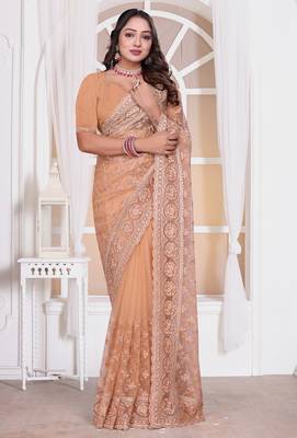 Diamond embroidered resham zari and zarkan work net classic saree in peach for ceremonial 1