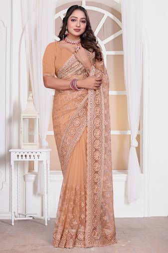 Diamond embroidered resham zari and zarkan work net classic saree in peach for ceremonial