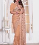 Diamond embroidered resham zari and zarkan work net classic saree in peach for ceremonial