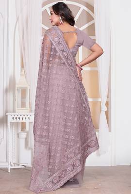 Diamond embroidered resham zari and zarkan work net classic saree in lavender for ceremonial 4