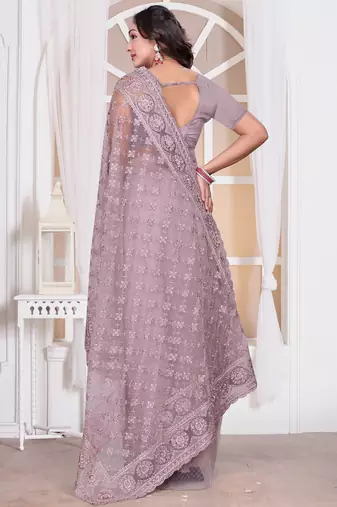 Diamond embroidered resham zari and zarkan work net classic saree in lavender for ceremonial