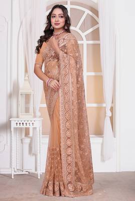 Diamond embroidered resham zari and zarkan work net classic saree in peach for ceremonial 2
