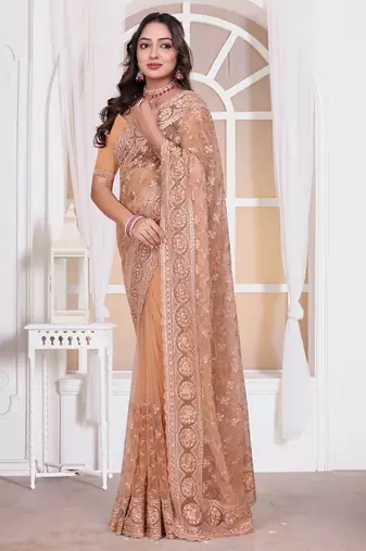 Diamond embroidered resham zari and zarkan work net classic saree in peach for ceremonial