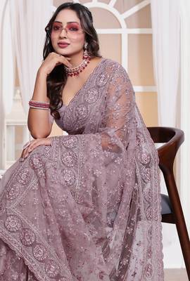 Diamond embroidered resham zari and zarkan work net classic saree in lavender for ceremonial 5