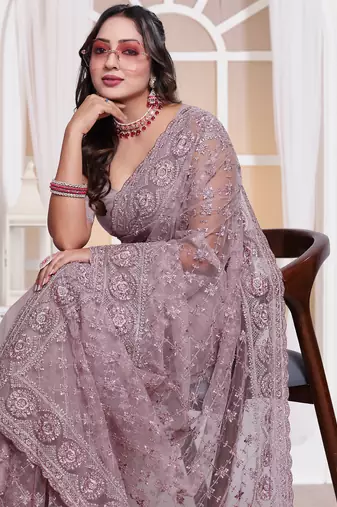 Diamond embroidered resham zari and zarkan work net classic saree in lavender for ceremonial