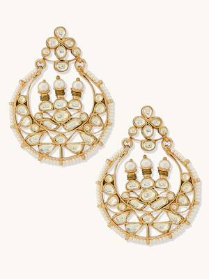 gold plated elegant kundan stone studded & pearl beaded chandbalis 4