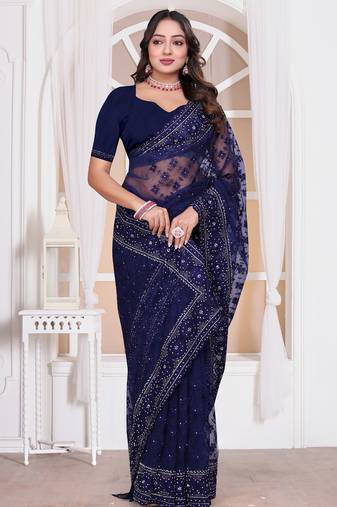 Diamond embroidered resham zari and zarkan work net classic saree in navy blue for ceremonial