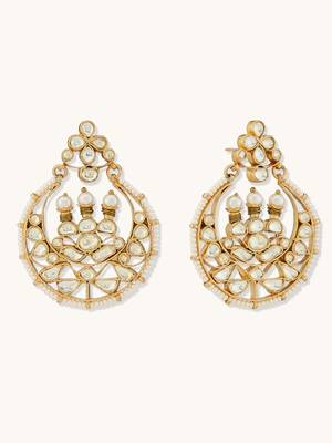 gold plated elegant kundan stone studded & pearl beaded chandbalis 5