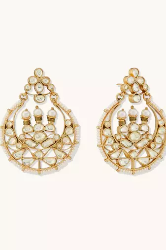 gold plated elegant kundan stone studded & pearl beaded chandbalis