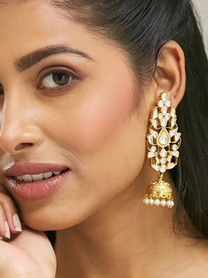 gold plated regal kundan stone studded & pearl drop jhumkas 1
